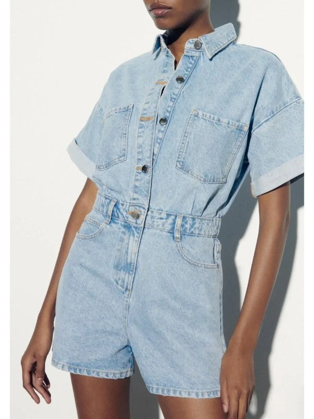 ZARA Blue Denim Romper Jean Light Wash Short Sleeve Size Large